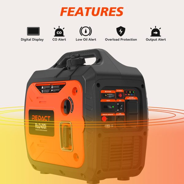 Redact 2400W Inverter Generator for Home Use - Portable Gas Generator with CO Detect, EPA-certified, Quiet Low Oil Shutdown, Clean Power for Electronics,Camping