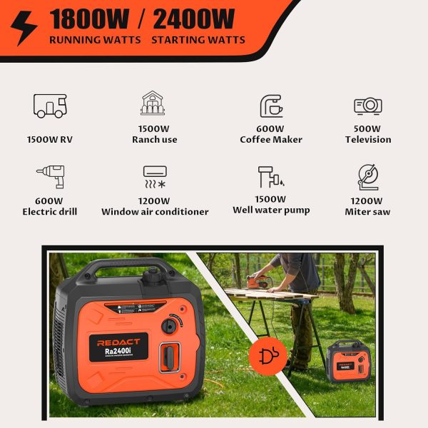 Redact 2400W Inverter Generator for Home Use - Portable Gas Generator with CO Detect, EPA-certified, Quiet Low Oil Shutdown, Clean Power for Electronics,Camping